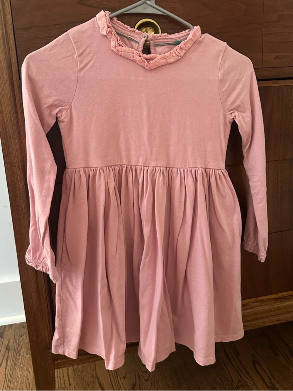 Mini Boden Girls Long Sleeve Ruffle Neck Dress in Dusty Pink Size 7/8